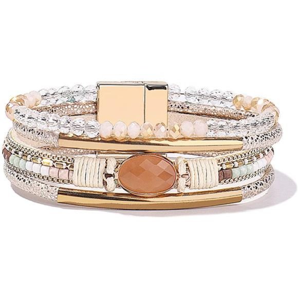 Crystal Beaded Leather Wrap Bracelet - Boho Cuff Stone Charm Bracelet - Picture 2 of 7